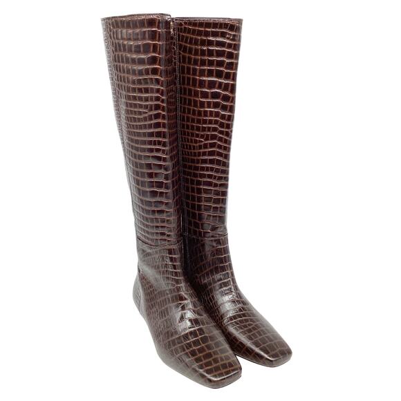 Frances Valentine Mackie Knee High Boot Brown Croc Embossed Leather Size 6B - Picture 1 of 15